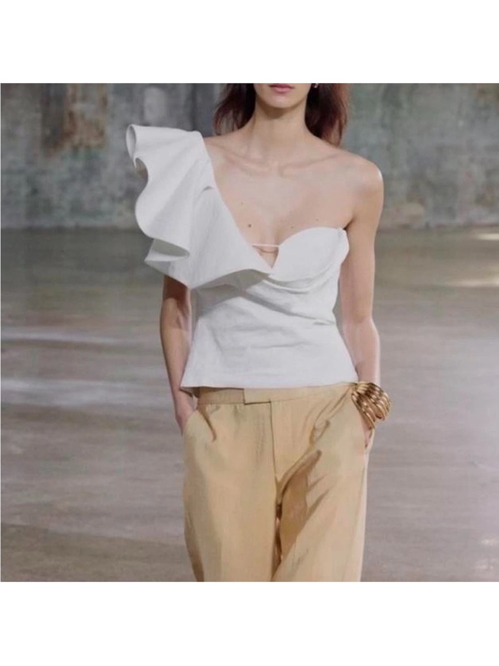 Zara White One-Shoulder Ruffle Bustier Top